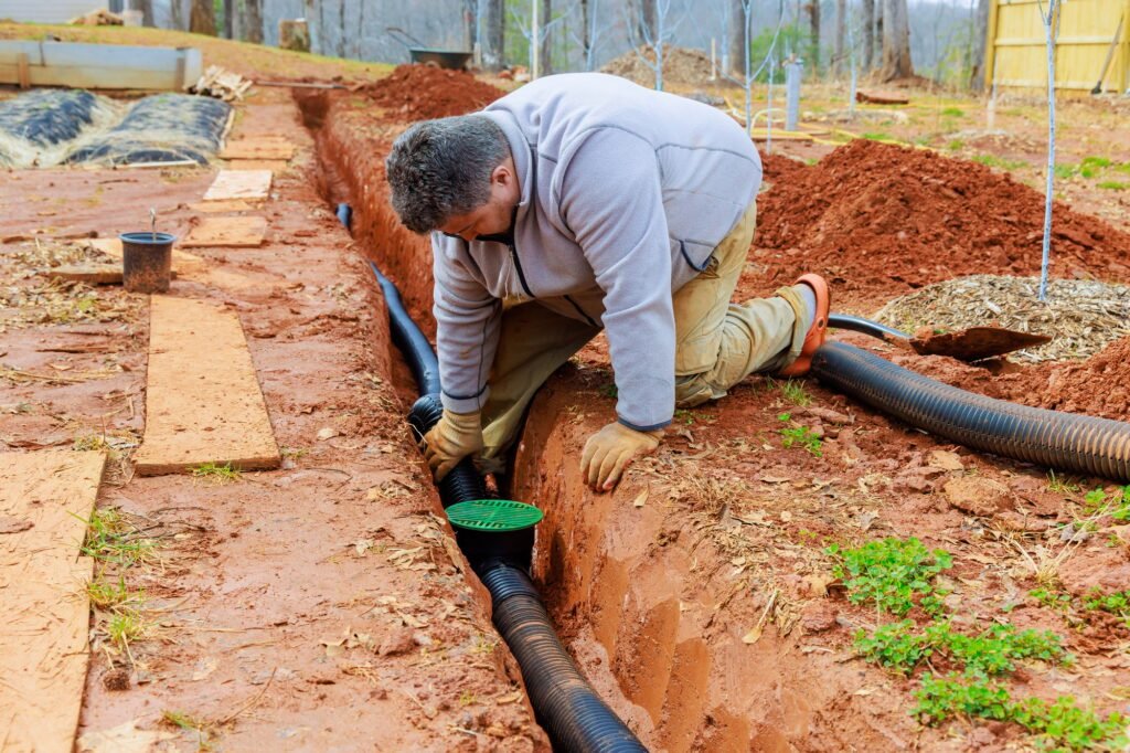 Storm drainage drain pipe installing into trench drain with for draining a rainwater